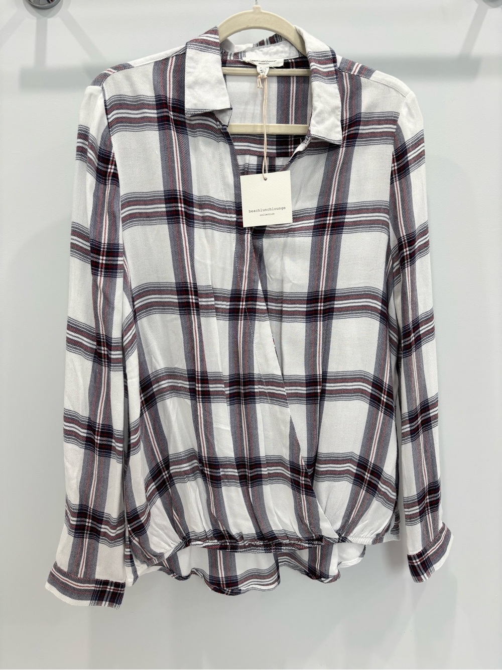 beachlunchlounge White Plaid Button-Front Shirt with Burgundy and Black Stripes